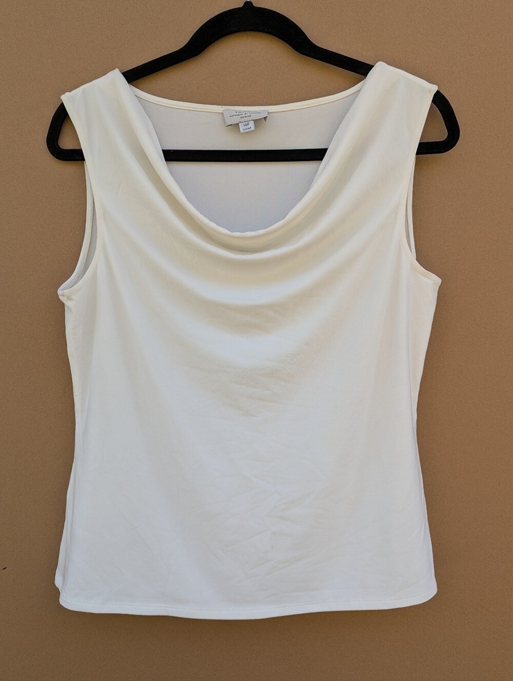 Tahari Arthur Levine Cowl Neck Blouse Minimalist Classic 14P Ivory Sleeveless